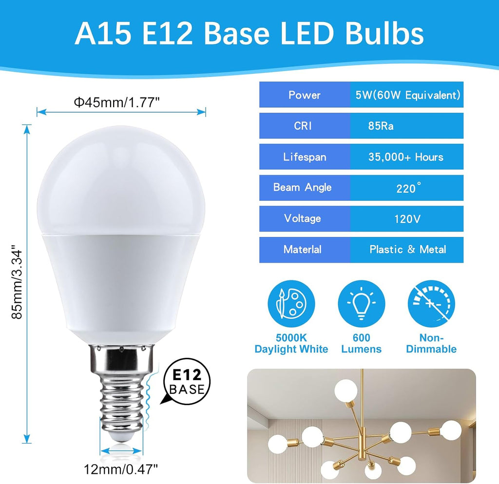 A15 LED Fan Bulbs, 5W, Daylight 5000K, E12 Candelabra Base, Pack of 6