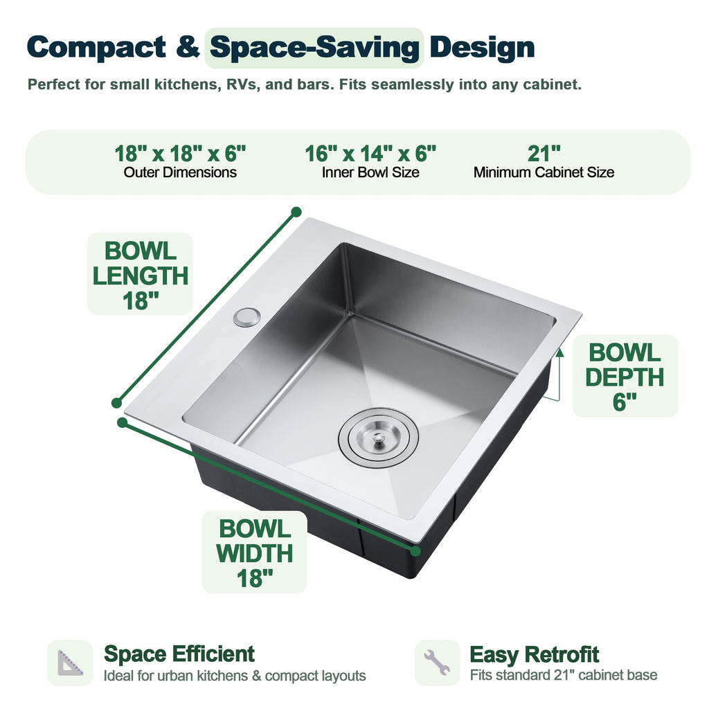 18 x 18 inch Bar Sink, Drop-in Tight Radius Brushed Stainless Steel Topmount Kitchen Sink Single Bowl