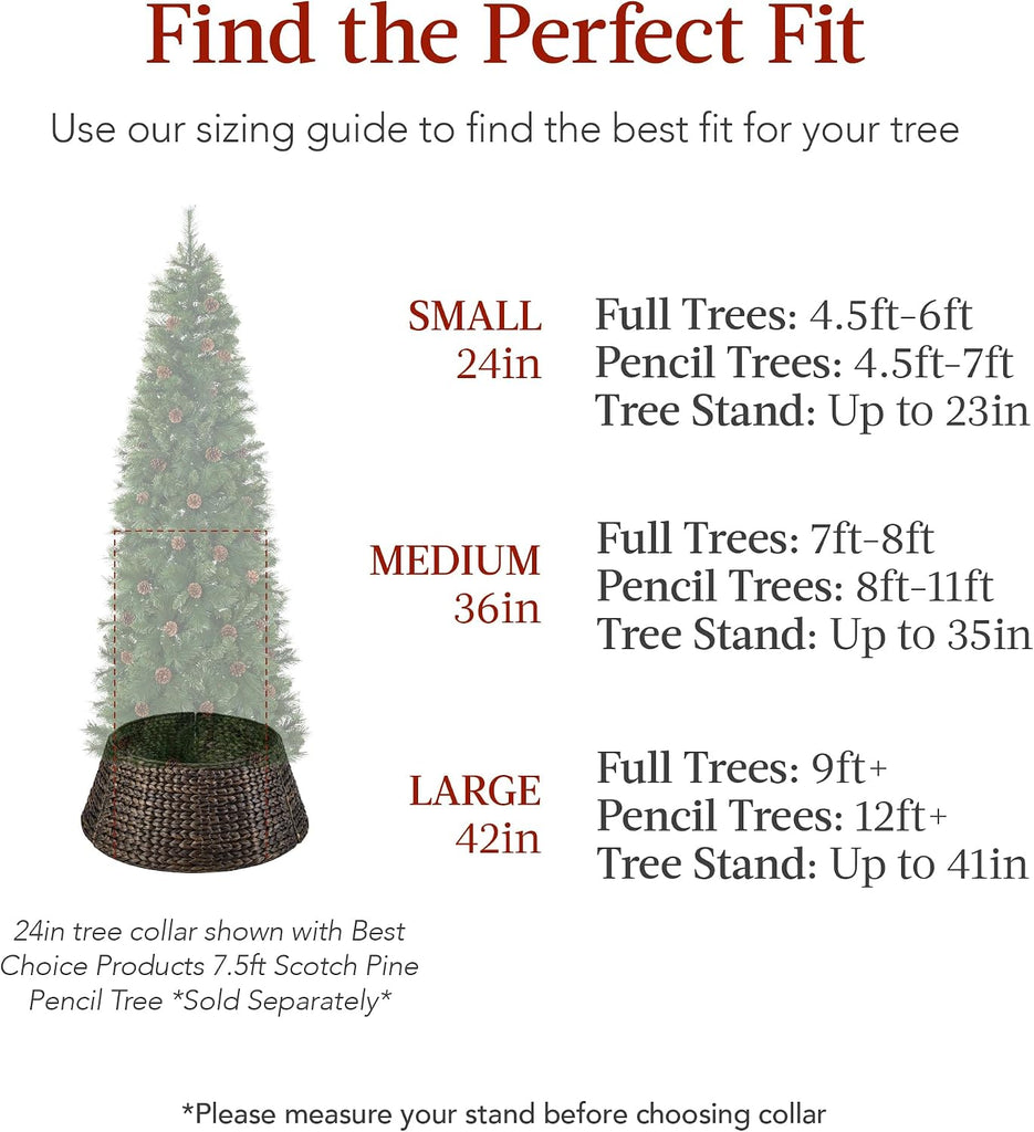 42in Christmas Tree Collar, Woven Hyacinth 4-Piece Holiday Rattan Tree Skirt Accessory w/Cord Cut-Out - Chestnut