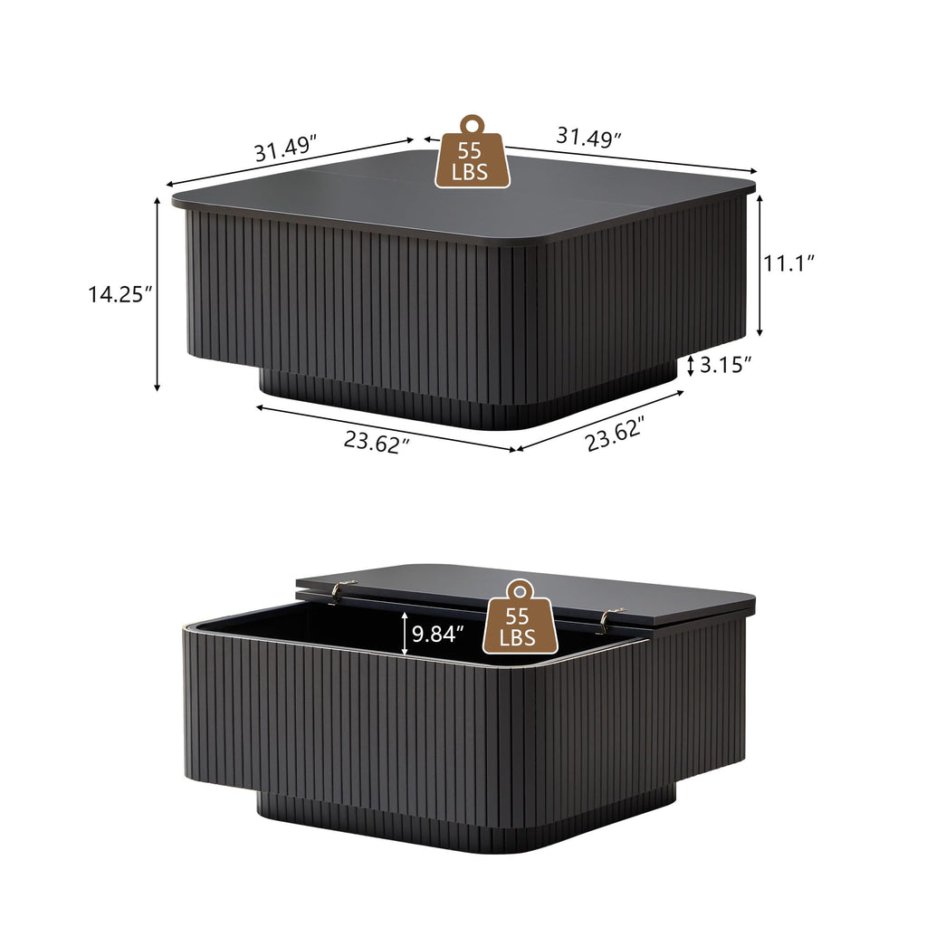 31.5" Square Coffee Table with Storage, Fluted & Floating Base (Black)
