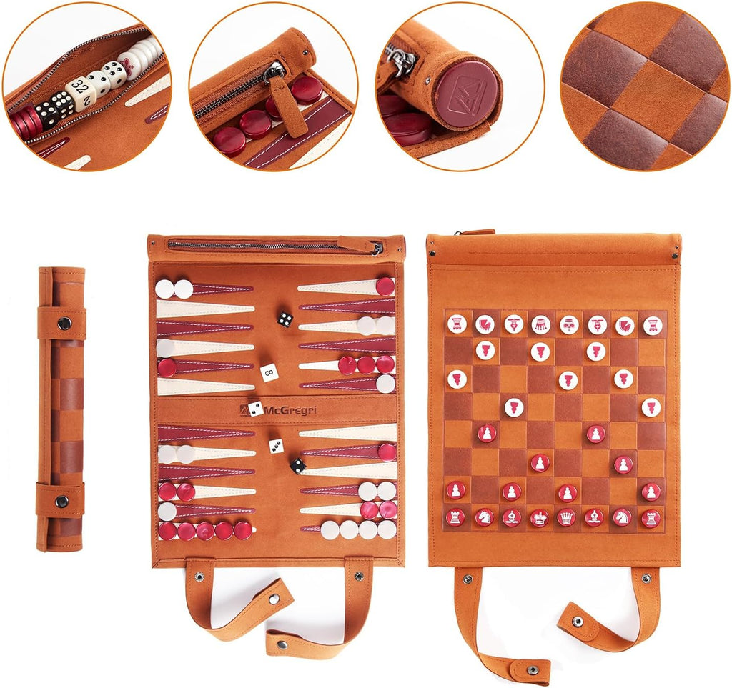 Travel Backgammon Set with Chess & Checkers, Roll-Up Board Game - Set of 3