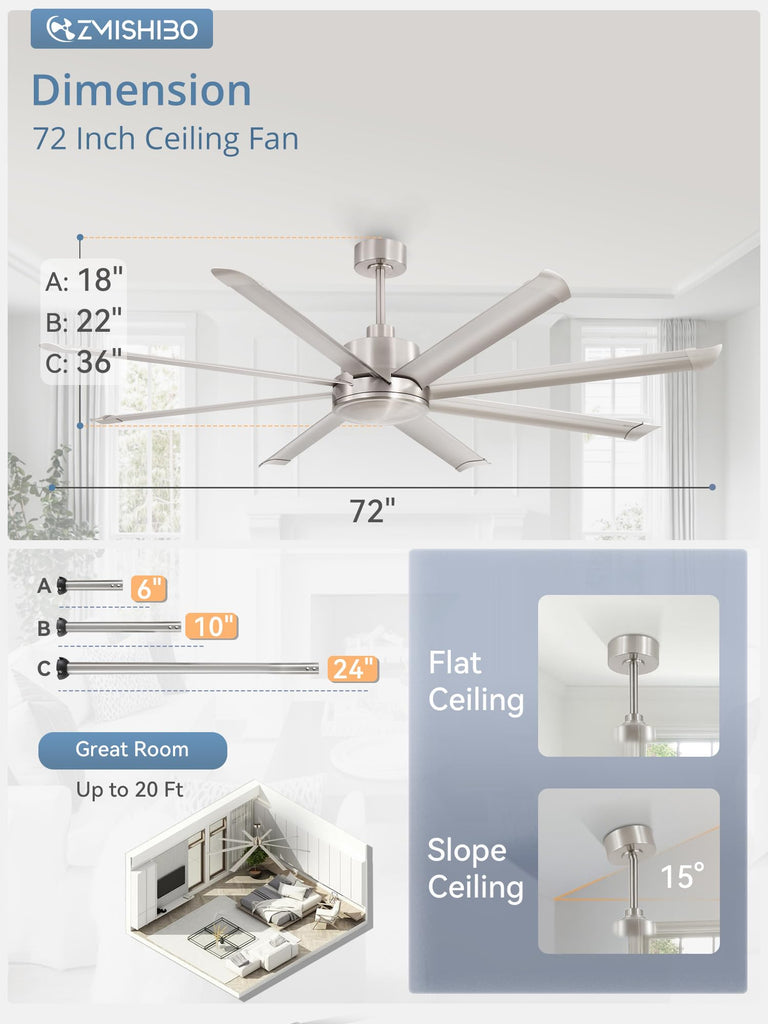 72 Inch Large Ceiling Fan with Remote, Commercial Aluminum Blades