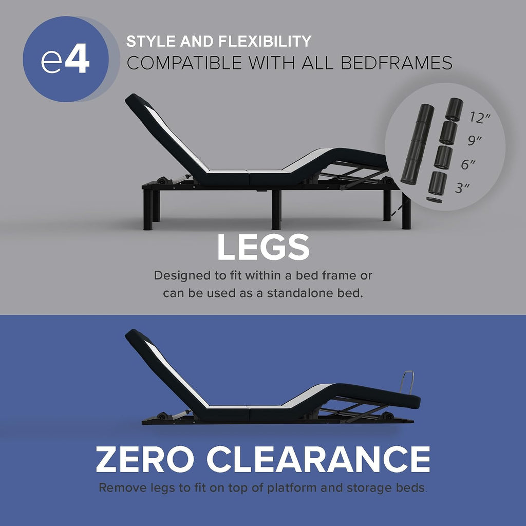 E4 King Adjustable Bed Frame with Massage, Anti-Snore, Zero Gravity, USB Charging, Under Bed Lights, Wireless Remote