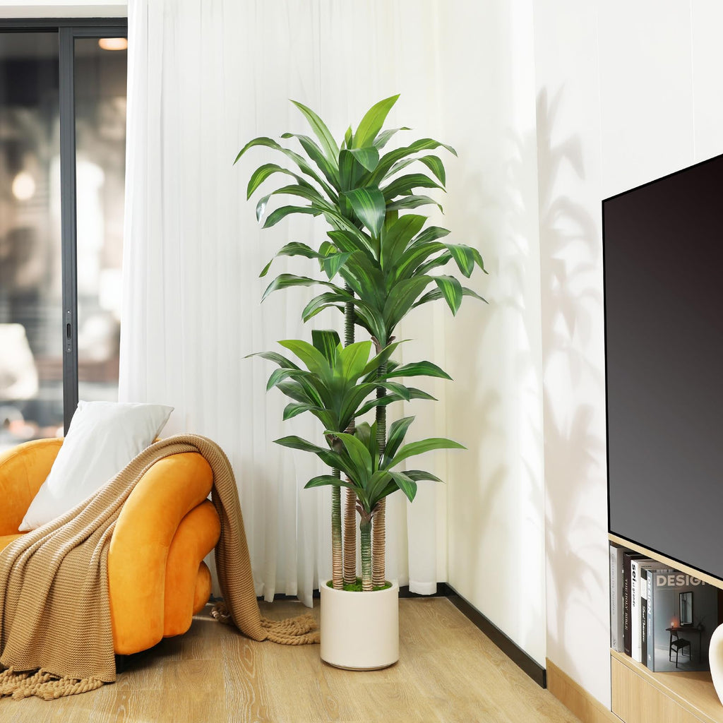 Artificial Dracaena Tree 6ft, Tall Fake Dracaena Plants with White Planter, Faux Dragon Tree Indoor Floor Plant Decor