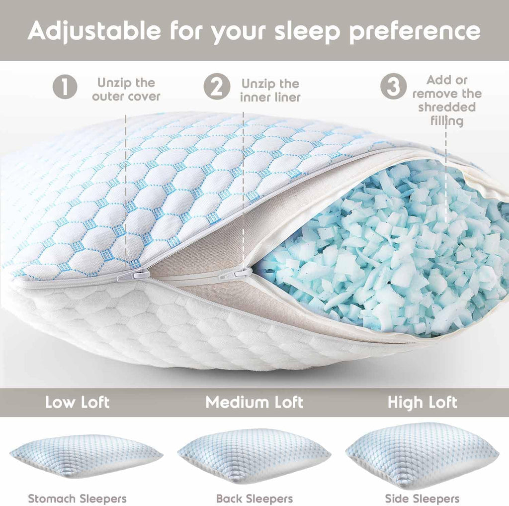 King Size Cooling Pillow for Sleeping 1 Pack, Luxury Shredded Memory Foam King Pillow, Adjustable Cold Gel Pillows