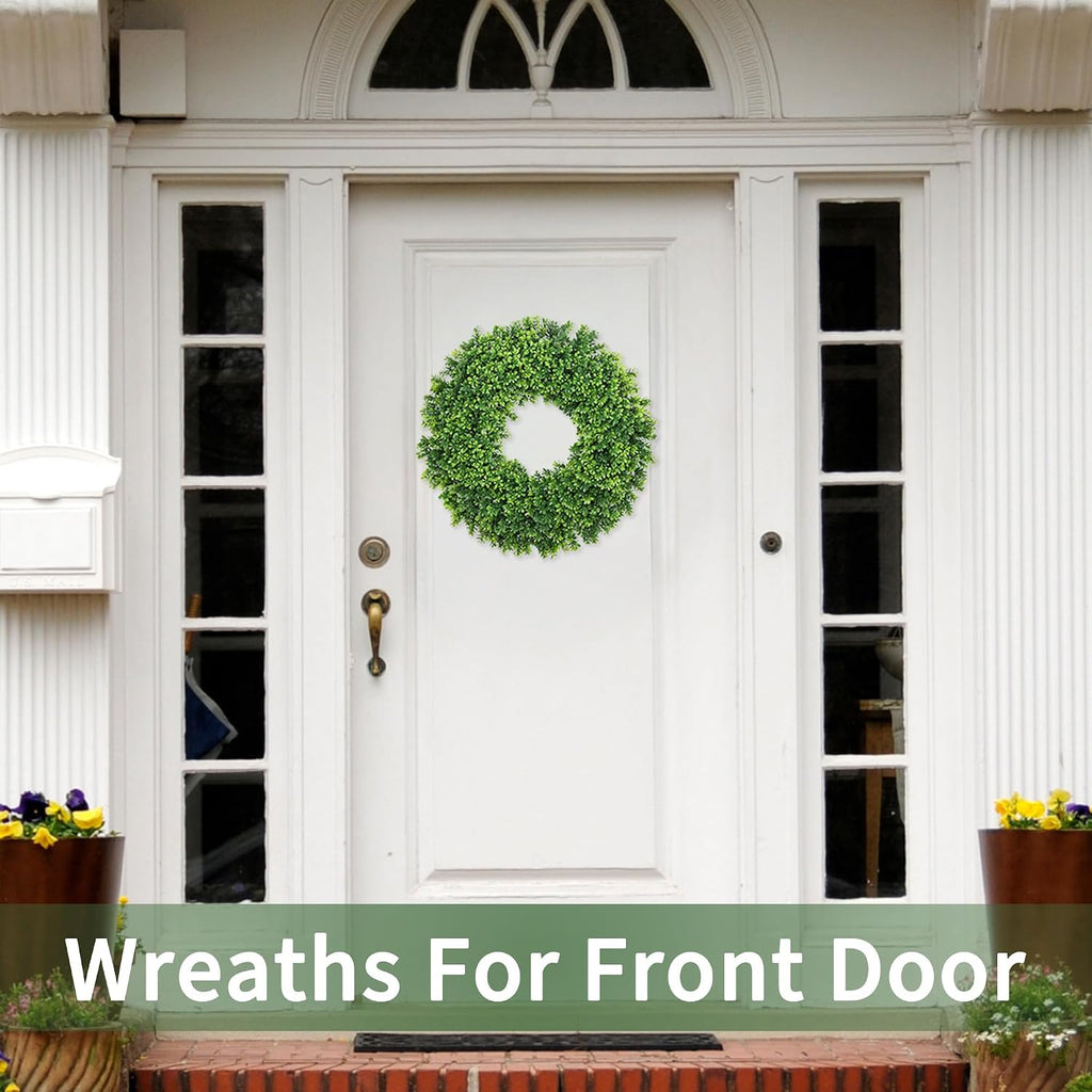 24 Inch Boxwood Wreath for Front Door, Spring/Summer All Season Door Wreath, Farmhouse Style, Outdoor Indoor Decor