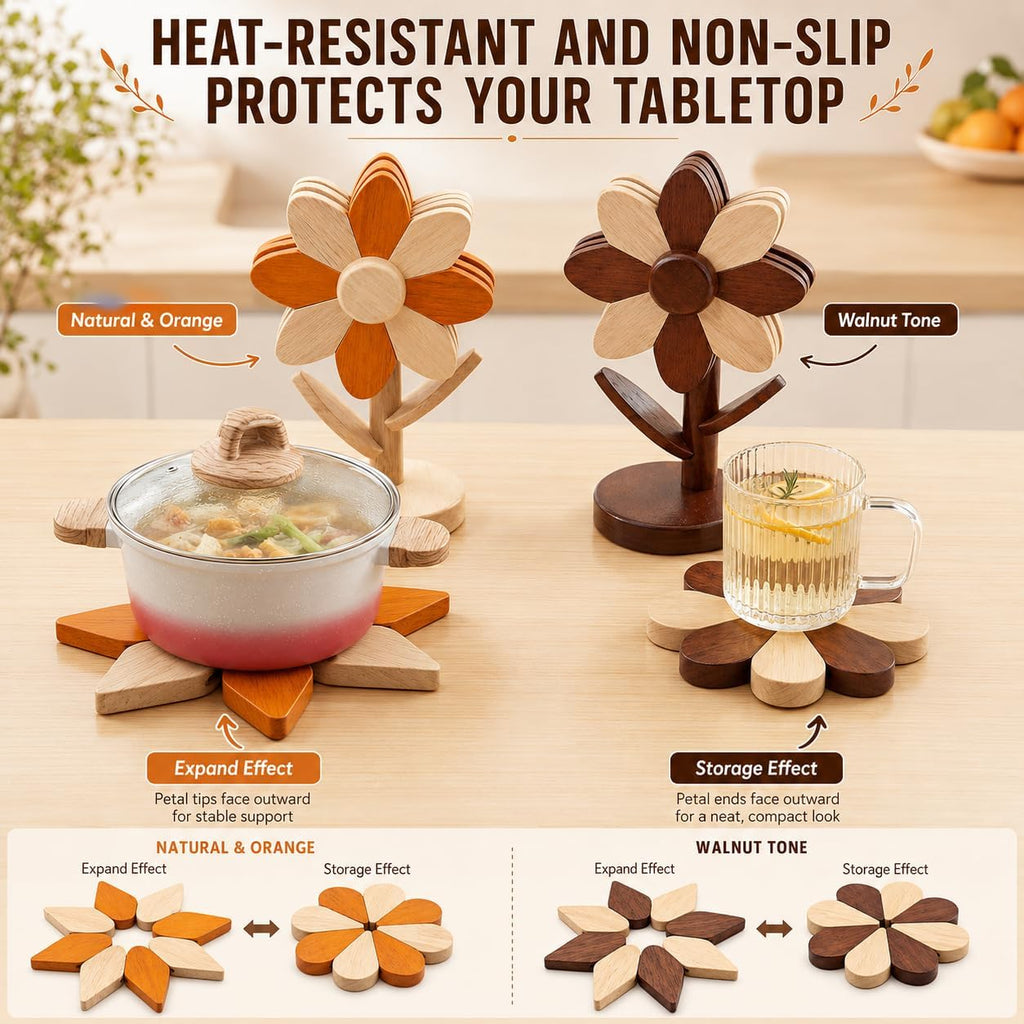 Sunflower Trivets for Hot Dishes, Wooden Tree Trivet Stand Set - Set of 5