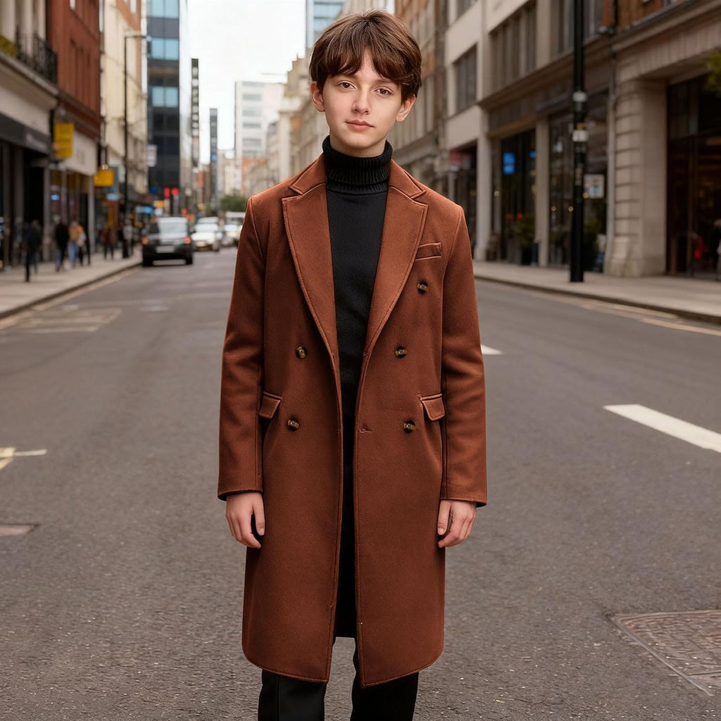 Unisex Kids Mid-Long Woolen Coats Elegant Double Breasted Warm Winter Trench Coat Outerwear Jackets for Girls Boys