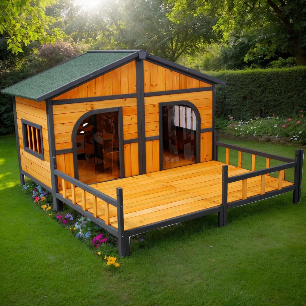 Double Dog House for 2 Dogs, Weatherproof Outdoor Wooden Dog House