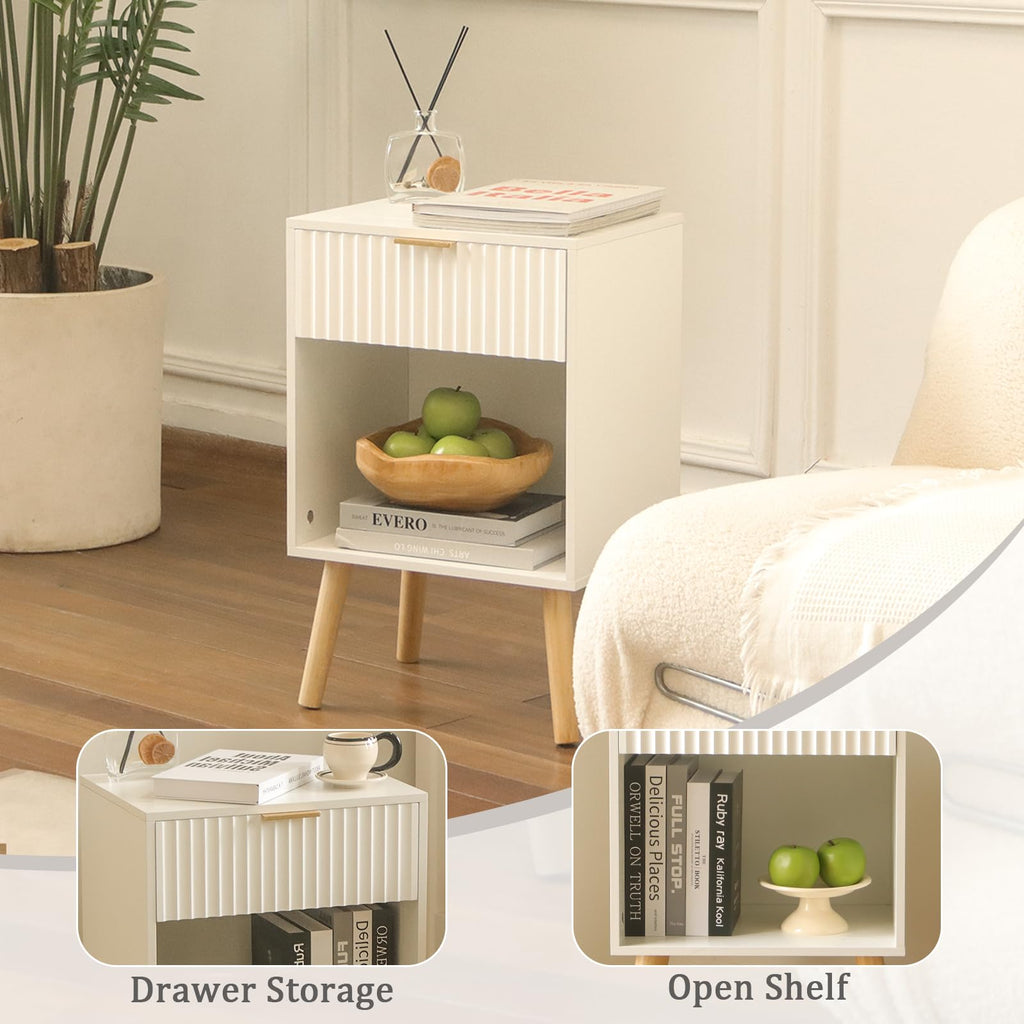 White Fluted Nightstand, Modern Bedside Table with Drawer and Shelf