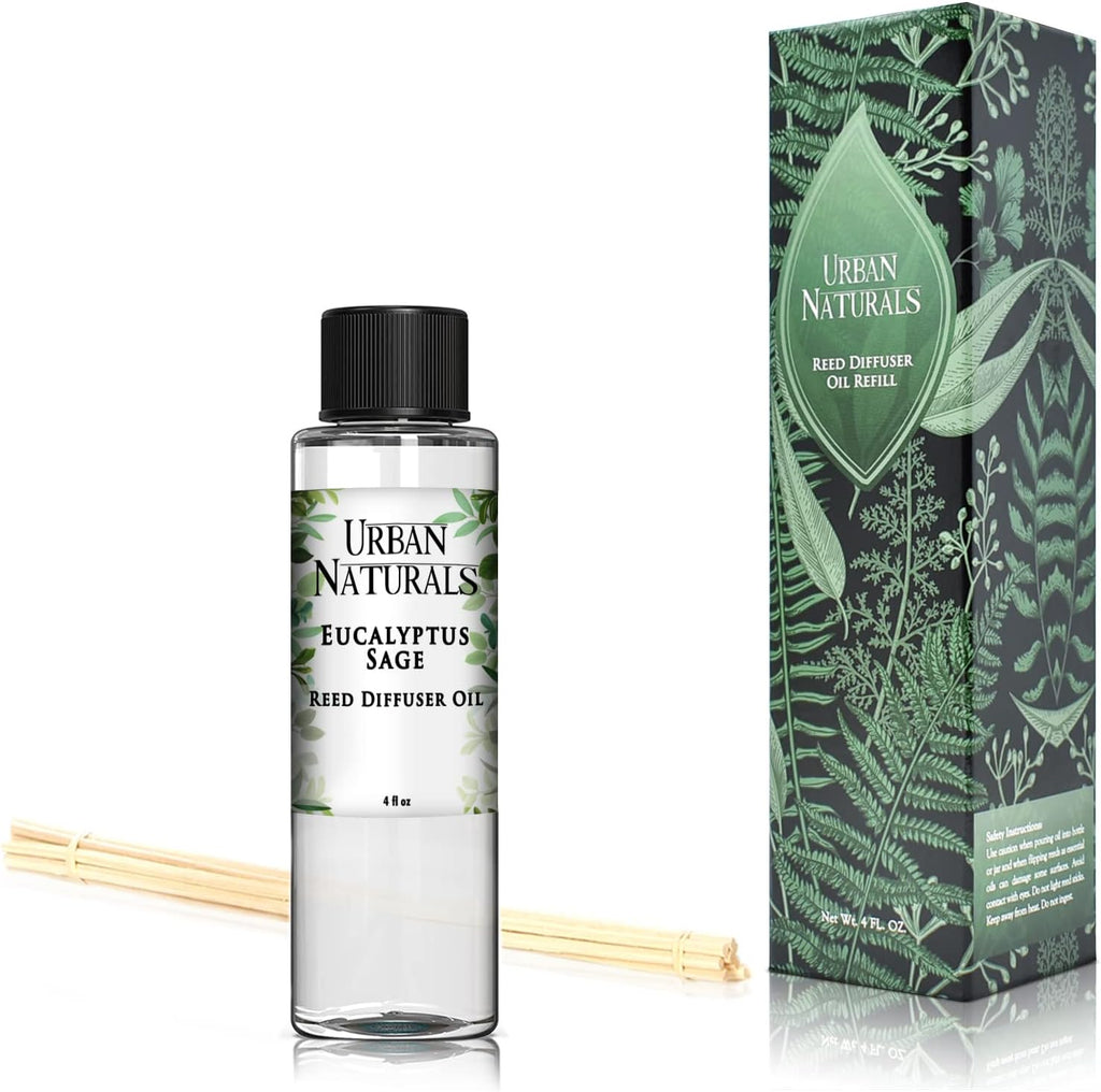 Eucalyptus & Sage Oil Reed Diffuser Refill | Eucalyptus, Sage, Mint, Lime and Cedarwood| Includes a Free Set of Reed - Set of 4