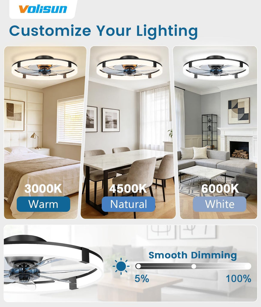Low Profile Ceiling Fans with Lights and Remote, 23.6in Flush Mount Ceiling Fans with Light, 3000K-6500K Dimmable