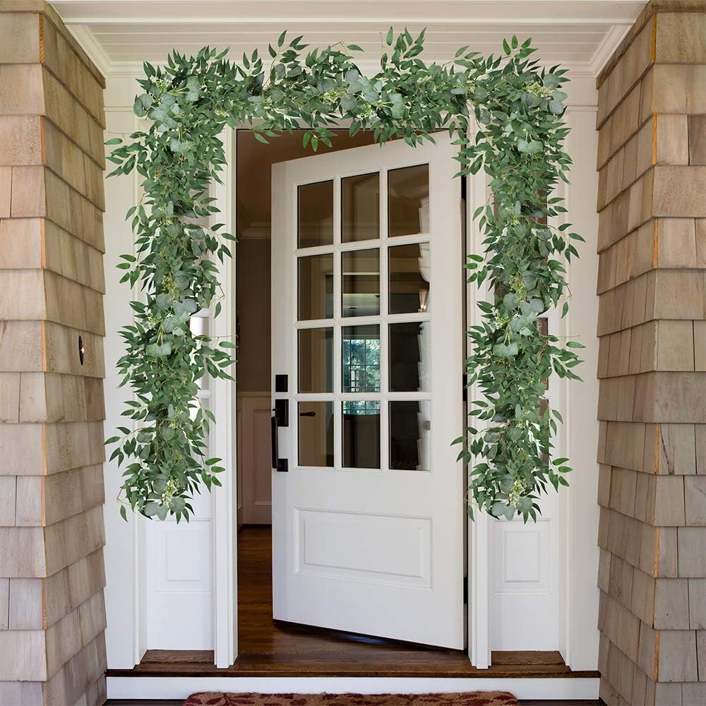 Fake Greenery Garlands Artificial Silver Dollar Eucalyptus Garland in Grey Green and Willow Twigs Garland Intertwined - Set of 2