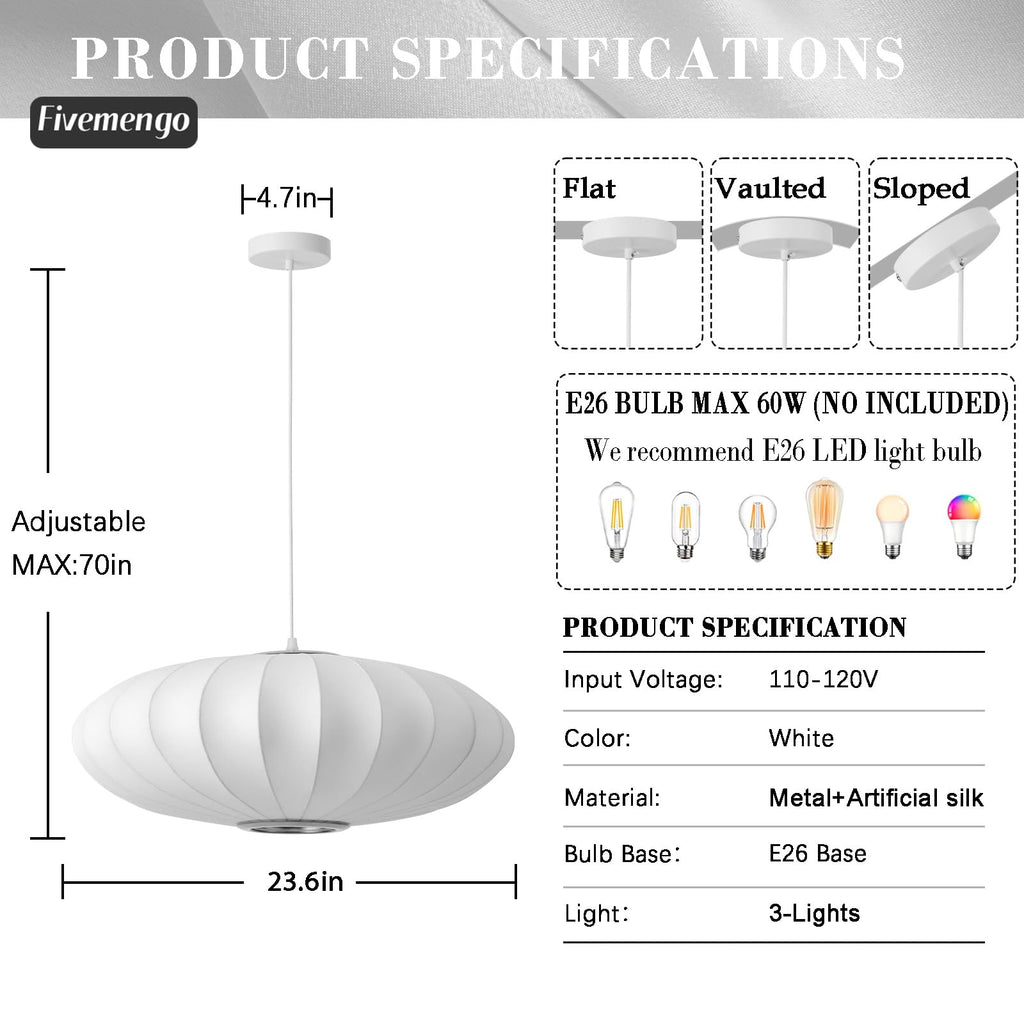 Inspired Nelson Style 23.6in Lantern Pendant Light Bubble Saucer, White Imitation Silk