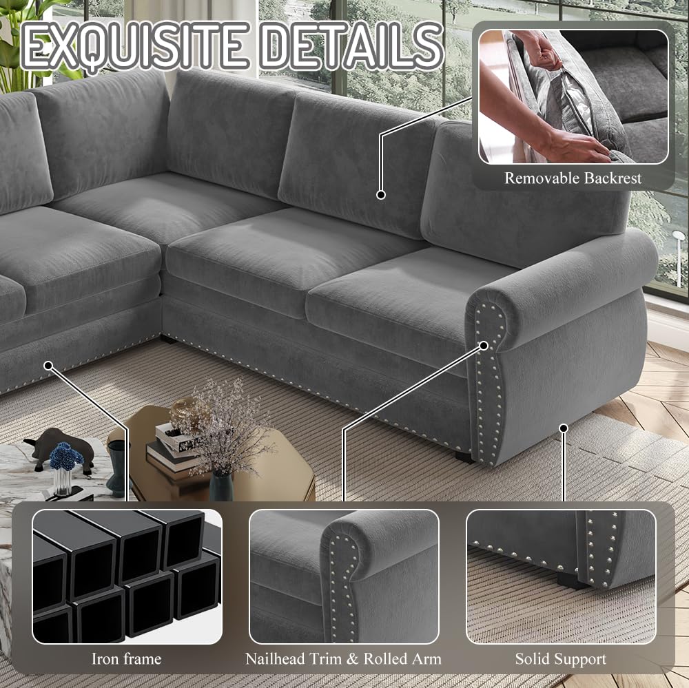 118" L-Shaped Sofa Couch with Pull Out Bed, Oversize Convertible Sectional Sleeper Sofa with Nailhead Trim & Rolled