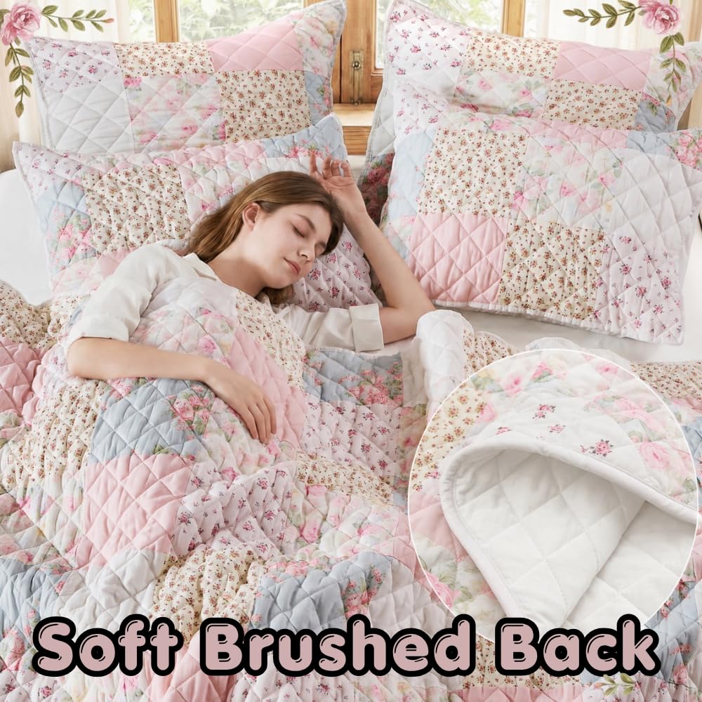 Real Patchwork Quilt Set, 3 Piece Cotton Front Floral Pink Bedding, Boho Farmhouse Reversible Bedspread