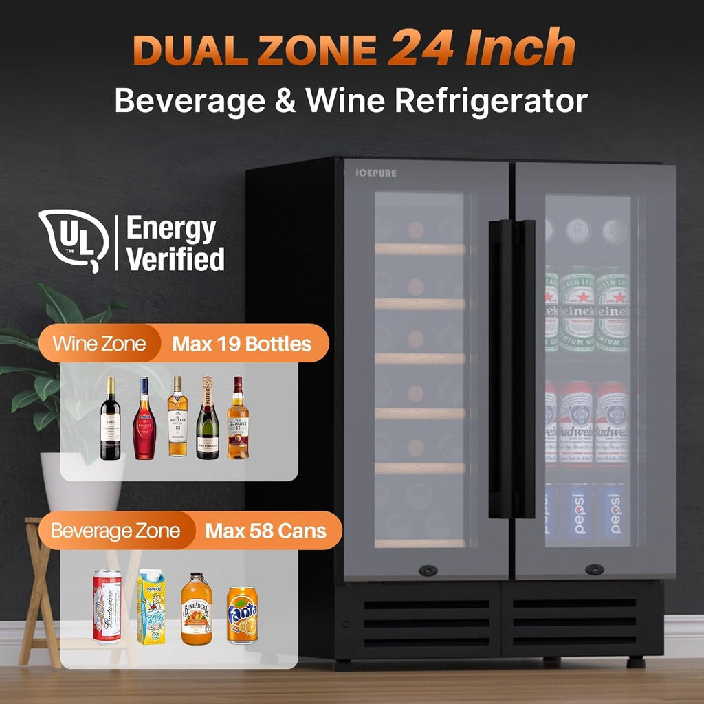 Wine and Beverage Refrigerator 24 Inch, Dual Zone Wine and Beverage Cooler with 
