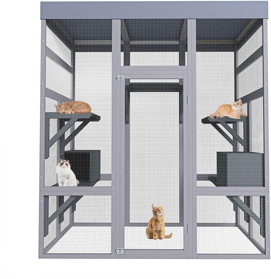 70.1" Large Catio Outdoor Cat Enclosure, Solid Wood Cat House with Waterproof Fabric Roof and 2 Napping House
