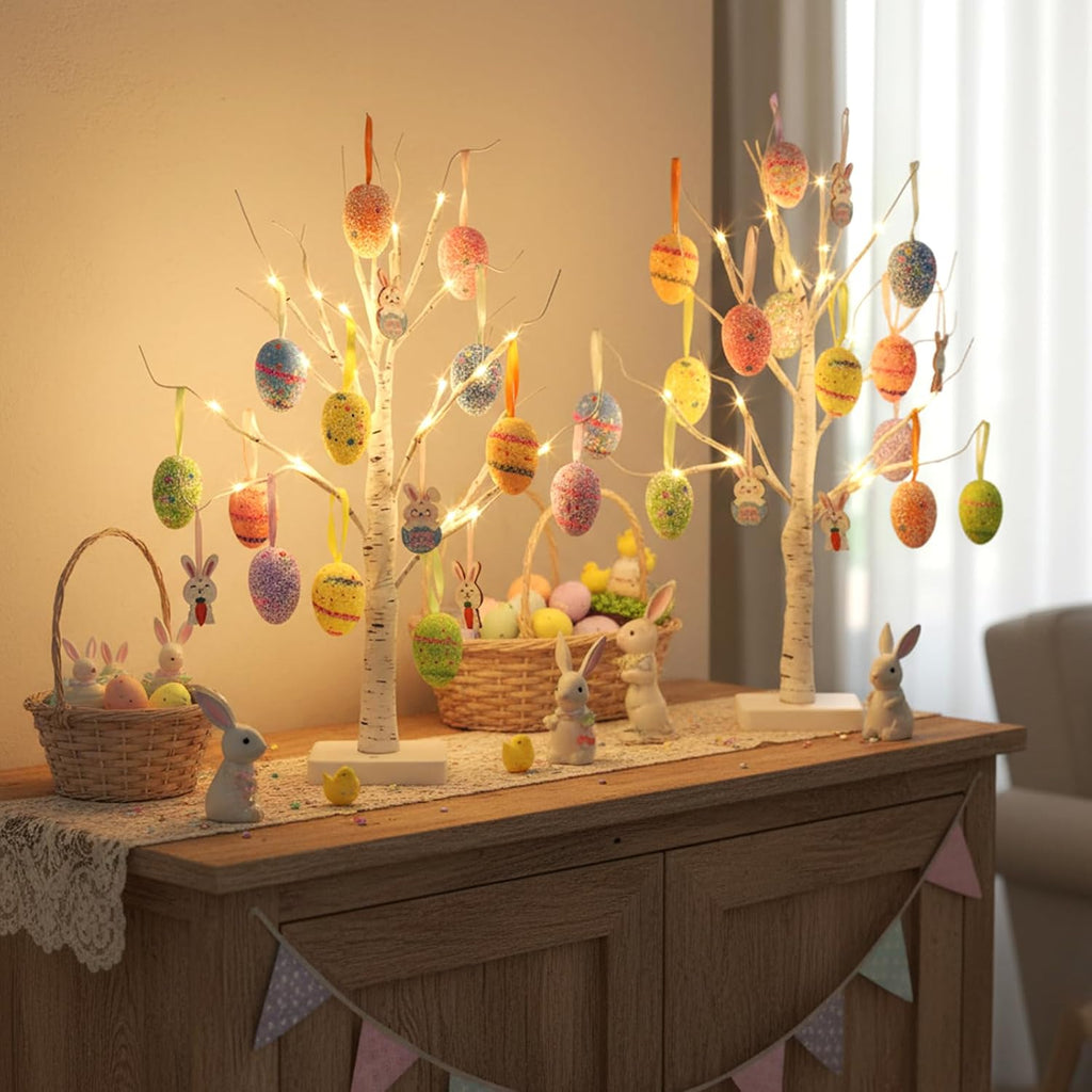 Easter Egg Tree Lights, 22 Inch Easter Trees Battery Operated with Timer, Lighted White Birch Tree Tabletop - Set of 2