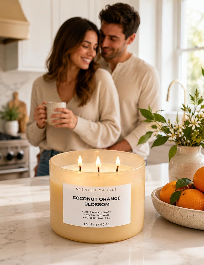 Coconut Orange Blossom Scented Candle, 3-Wick Large Soy Candle 15.8 oz - Set of 158