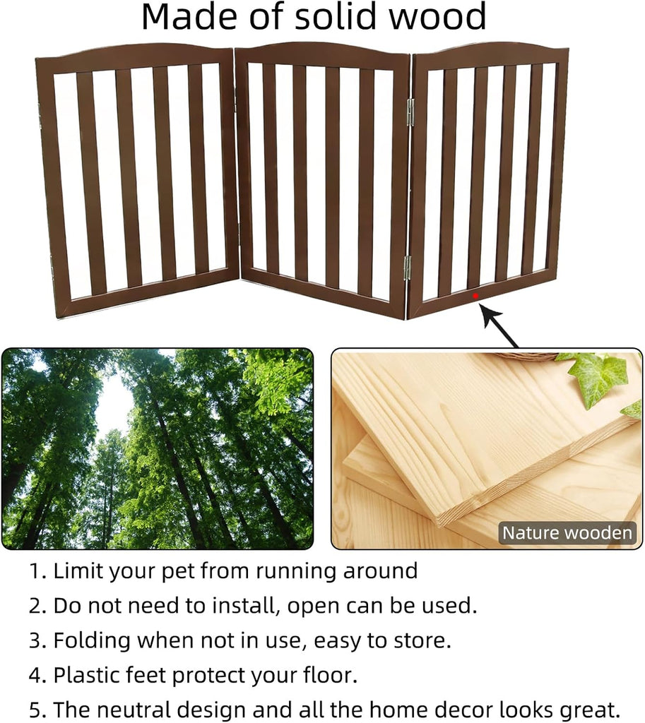 Freestanding Dog Gate Indoor, Doggie Gate Foldable Pet Gates for Doorways, Stairs or Hallways, Wooden Brown Pet Gate