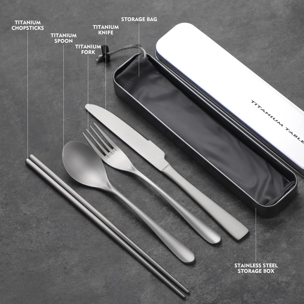 Titanium utensil travel set, portable lunch silverware set with box, including titanium spoon, fork, knife, reusable