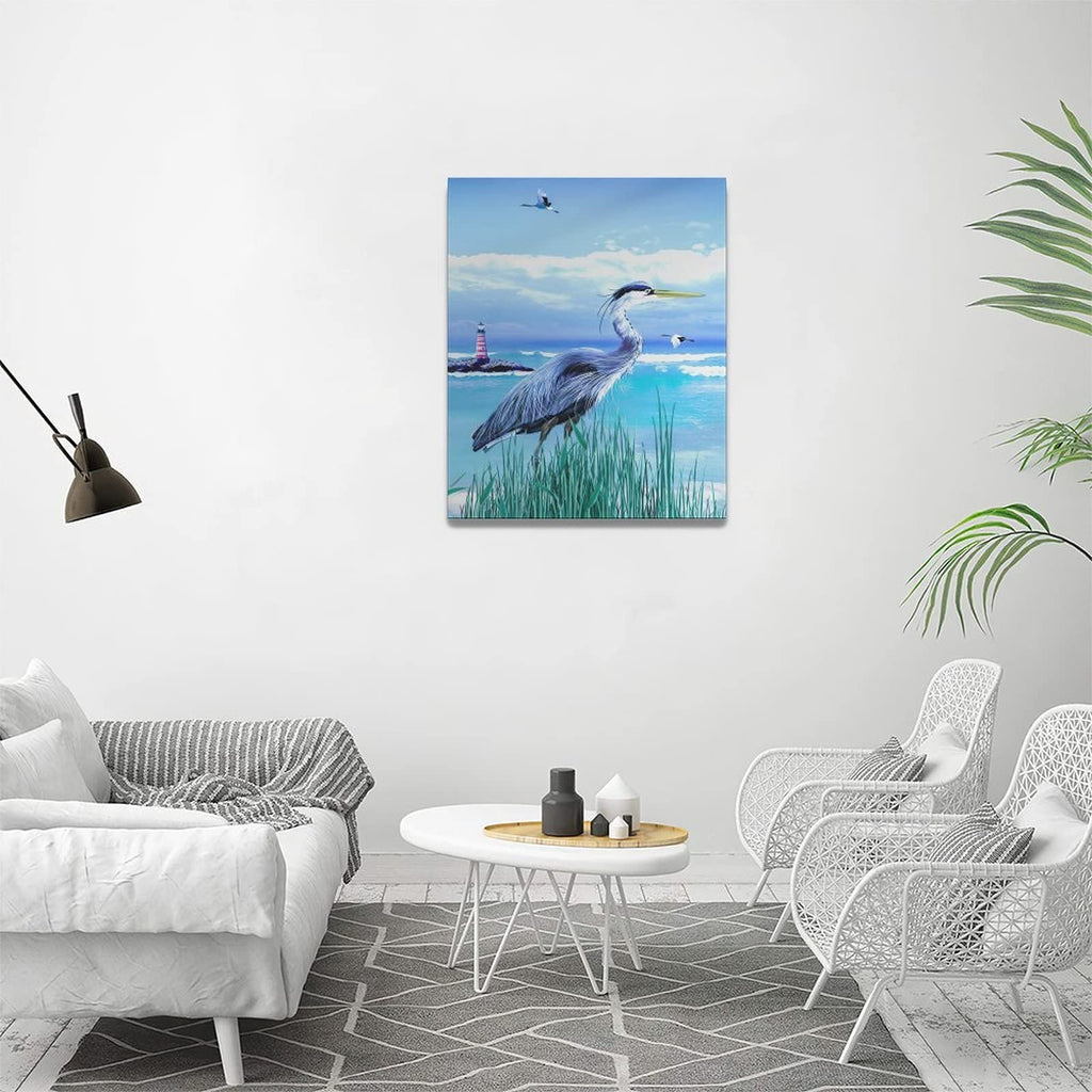 Coastal Bathroom Wall Art Sea Bird Wall Decor Blue Heron Pictures Ocean Beach Lighthouse Canvas Painting Print