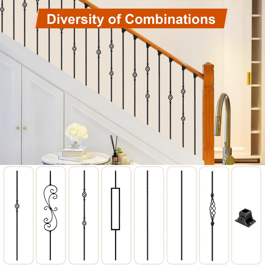 10 Pack Wrought Iron Stair Balusters with 20 Iron Baluster Shoes