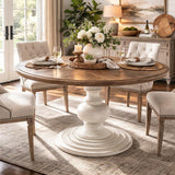 Brown Round Pedestal Dining Table with Wood Veneer and MDF Top, Ideal for Dining Room, Rustic or Modern Indoor Dining