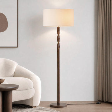 64 Inch Twisted Walnut Wood Floor Lamp with Linen Shade, Cream