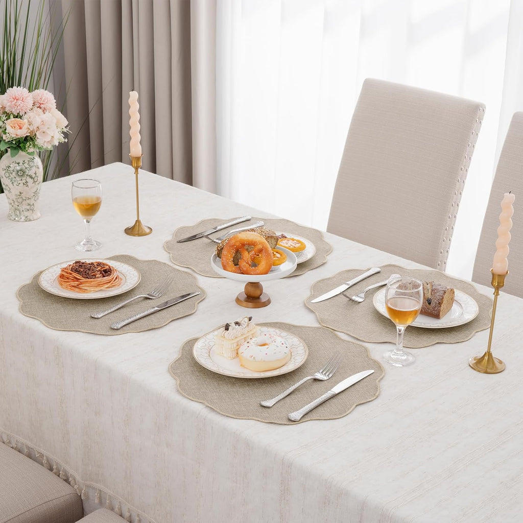 Scalloped Round Placemats Polyester Linen Blend 15 inch Washable Non Slip Place Mats Easy Clean Heat - Set of 6