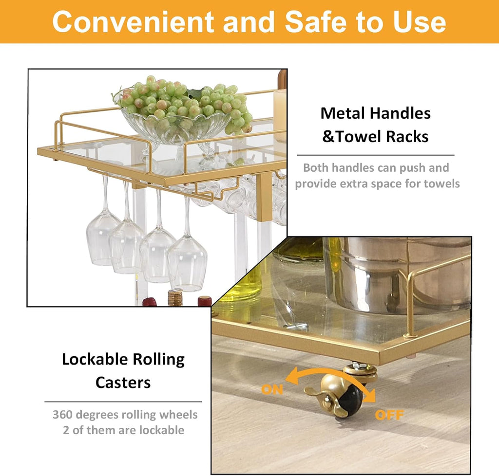 Bar Cart Bar Chrome Serving Cart with Wine Rack 2-Tier Acrylic Rolling Bar Carts on Wheels Clear Dessert Cart Lucite