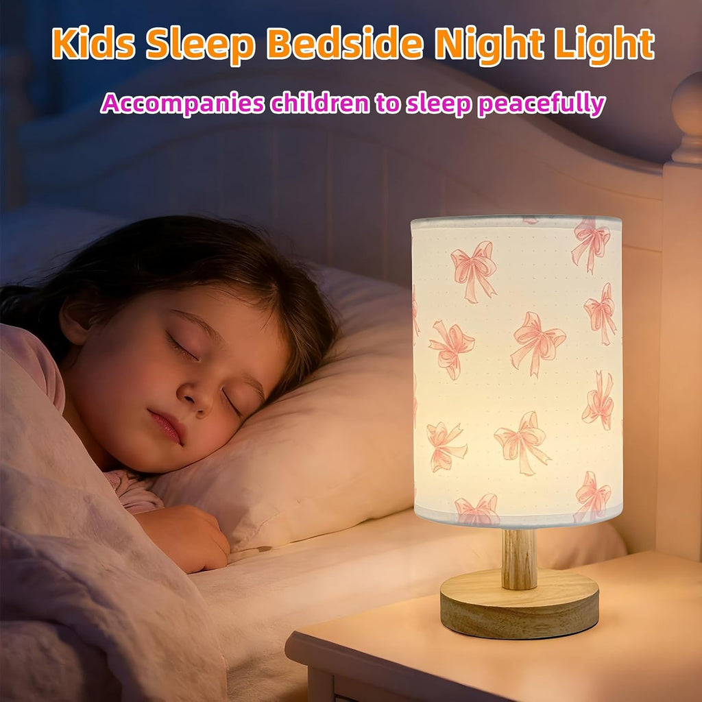 Pink Bow Bedside Table Lamp,Kids Room Decorative Lights 3 Colors Dimmable Nightstand Night Light with Flaxen Fabric