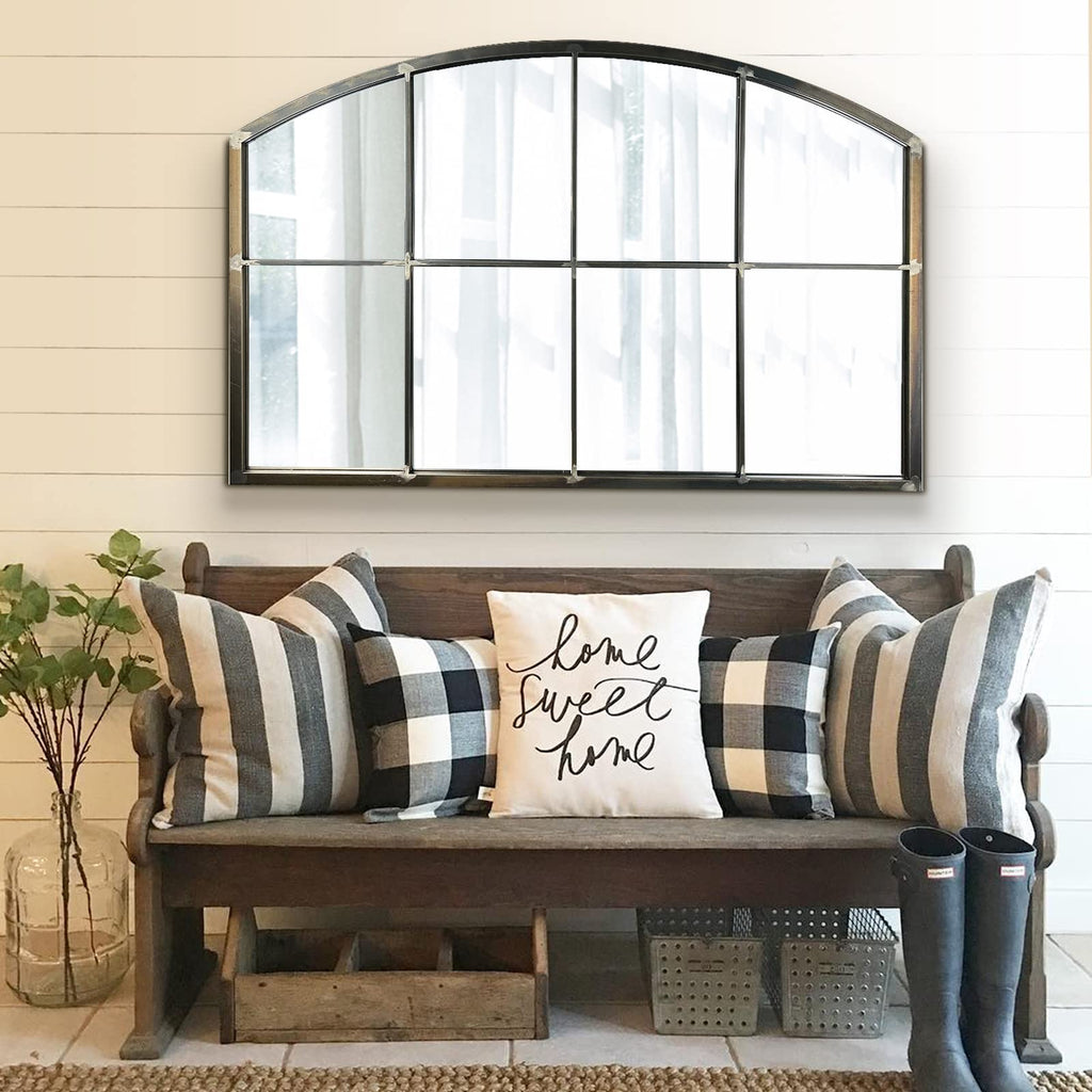 Wide Window Pane Black Mirror,Farmhouse Arched Wall Mirror,Mantel Mirror for Fireplace/Entryway/Hallway/Living