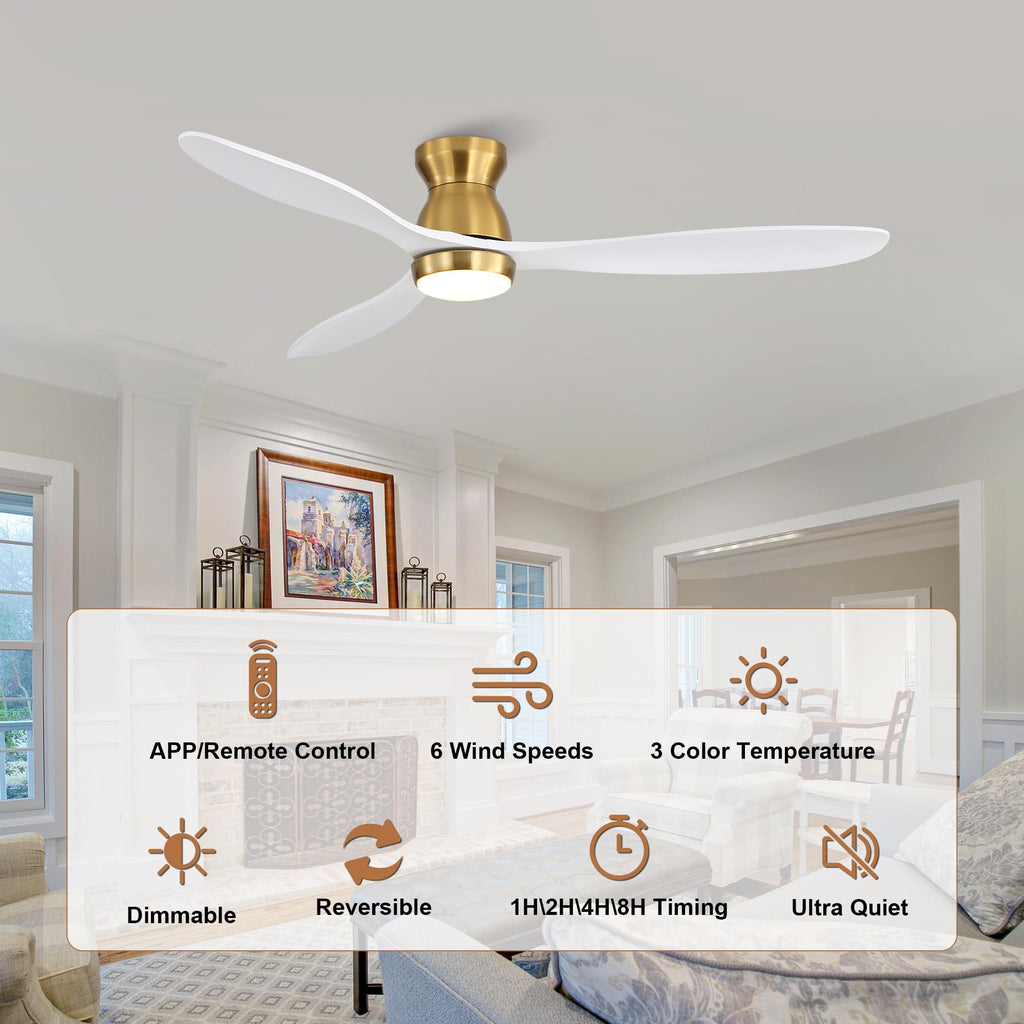 52 Inch White Ceiling Fan with Light, Solid Wood Blades, White and Gold Low Profile Ceiling Fan with Remote & APP