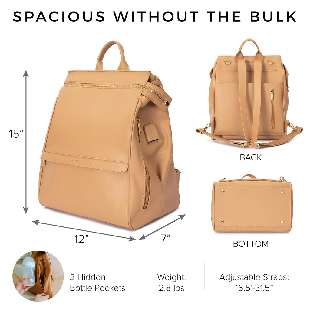 Leather Diaper Bag Backpack with USB Charging Port, Changing Pad, Stroller Straps, Bottle Holder (Brown Sophia)