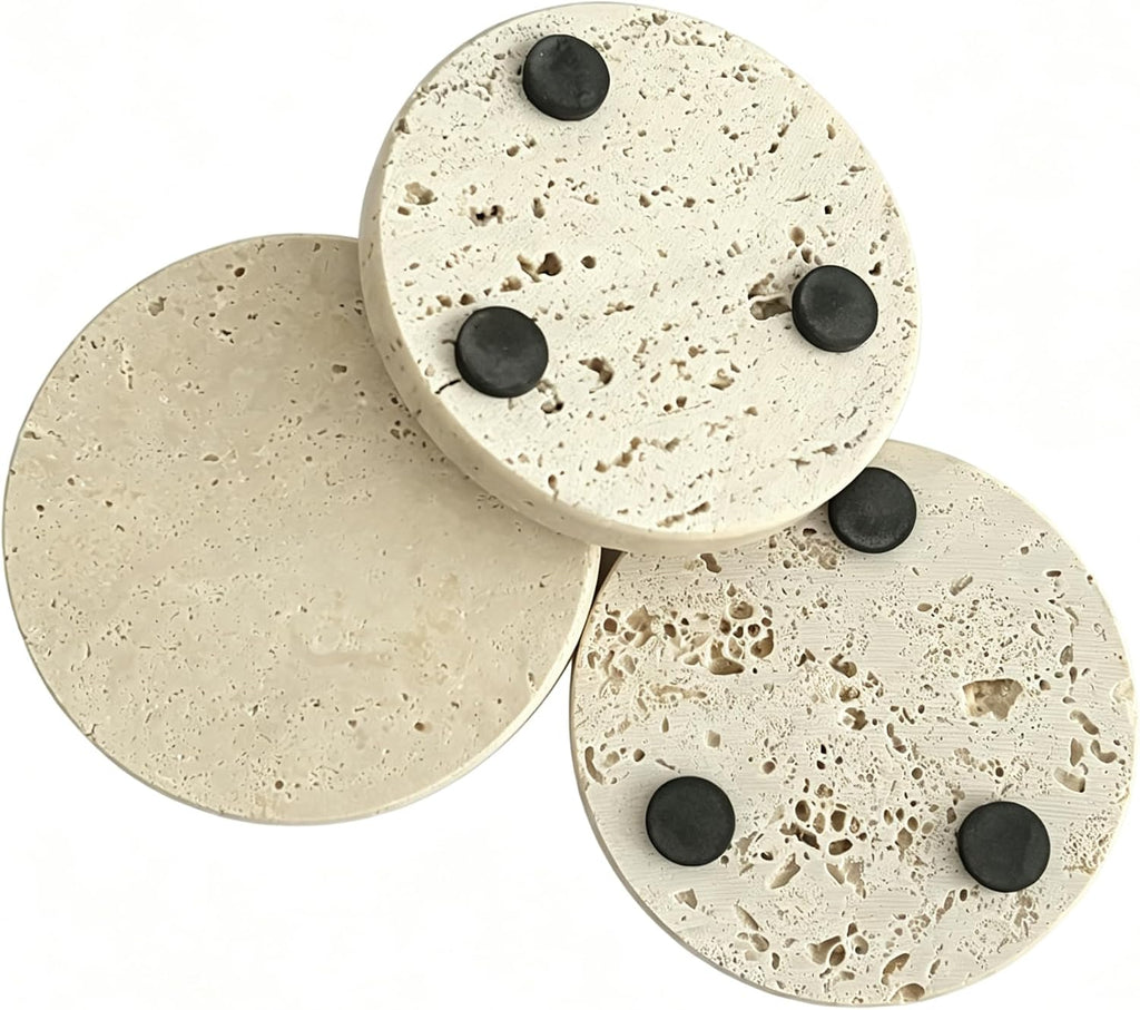 Natural Travertine Marble Coasters 4-Piece Set, Round Coasters, 4 Inches Coffee Table Stone Coasters, Suitable - Set of 4