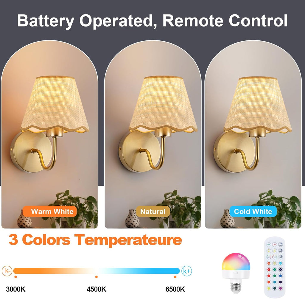 Battery Operated Wall Sconce Set of 2, Gold Wall Lamps Rechargeable Bulbs for Living Room, Rattan Shade Wireless Wall