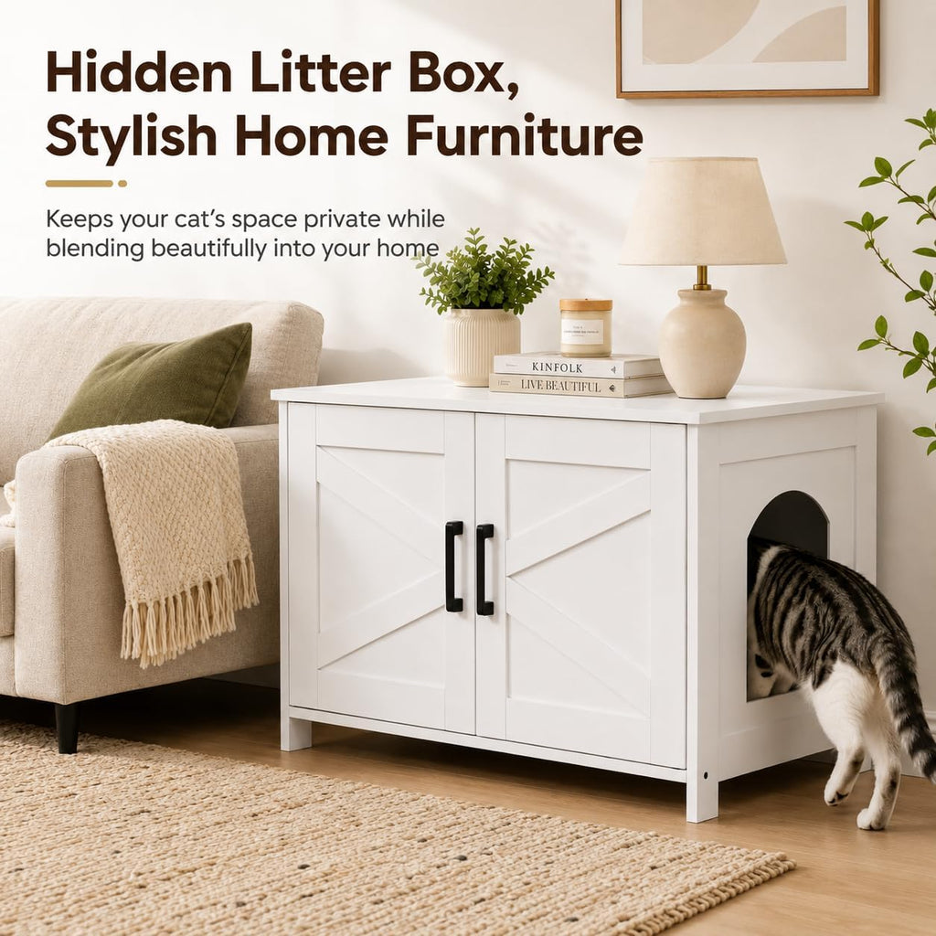 31.5" L Cat Litter Box Enclosure with Barn Door, White
