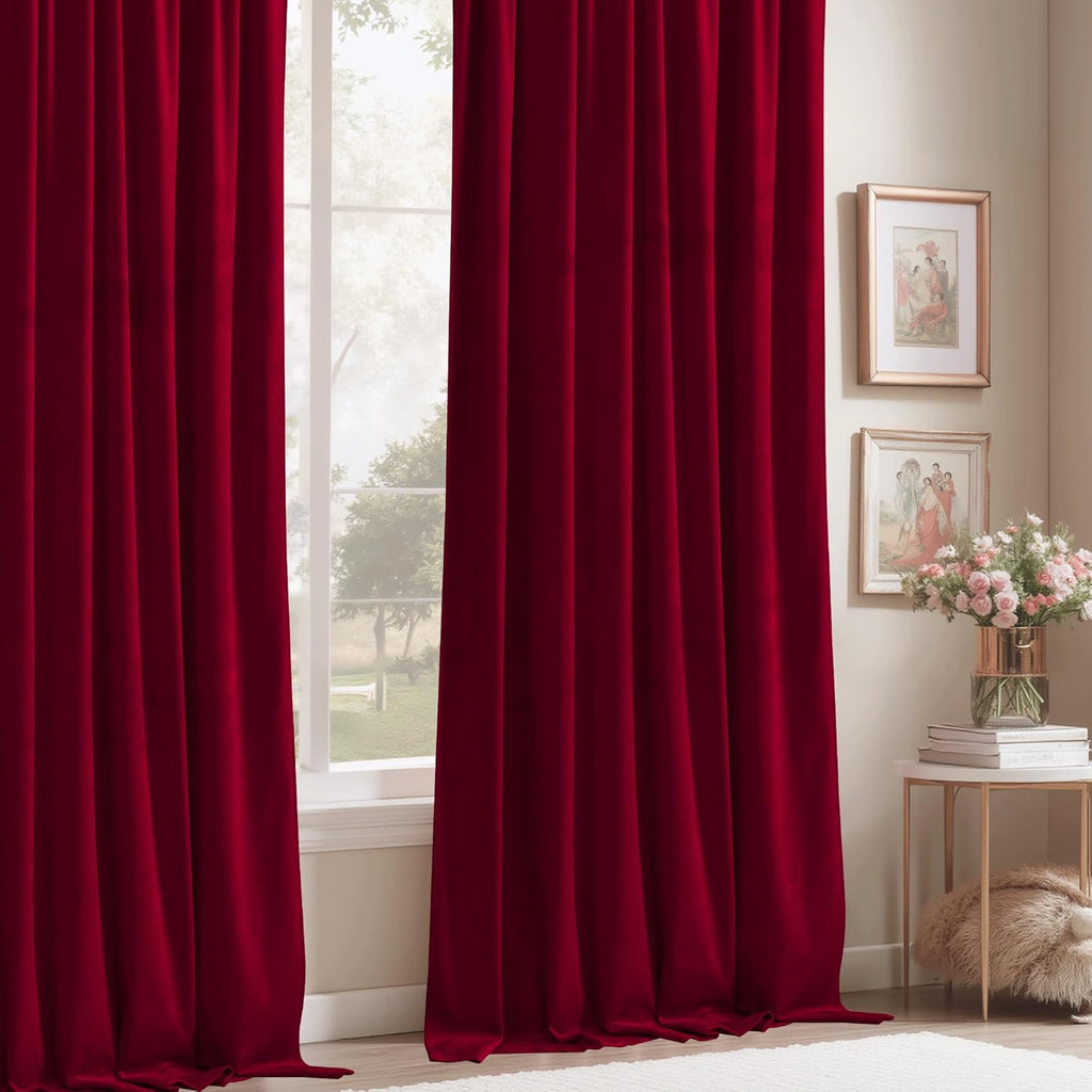 Luxury Red Velvet Curtains - Extra Long 108-inch Heat & Light Reducing Thick Heavy Duty Velvet Drapes with Rod Pocket