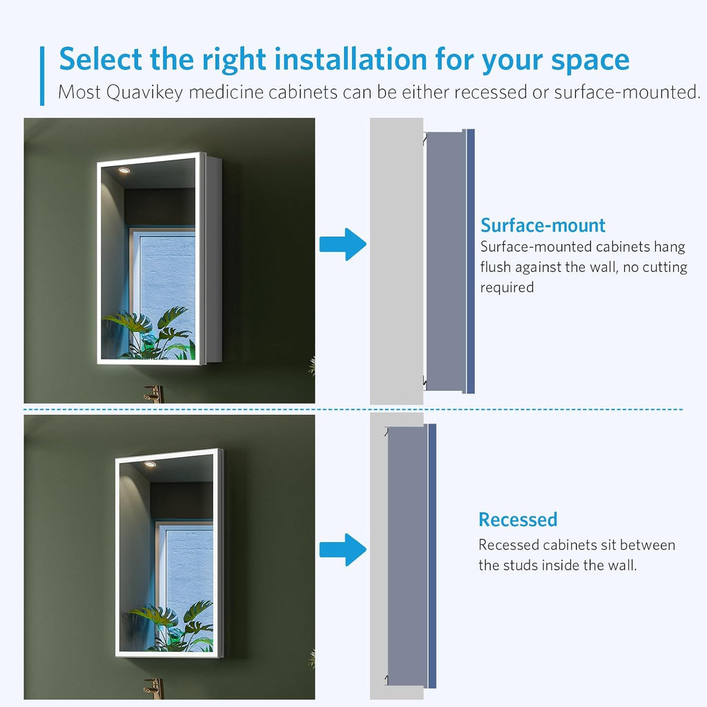 16"x26" LED Medicine Cabinet with Mirror, Recessed or Surface | Silver aluminum lighted mirror cabinet with shaver