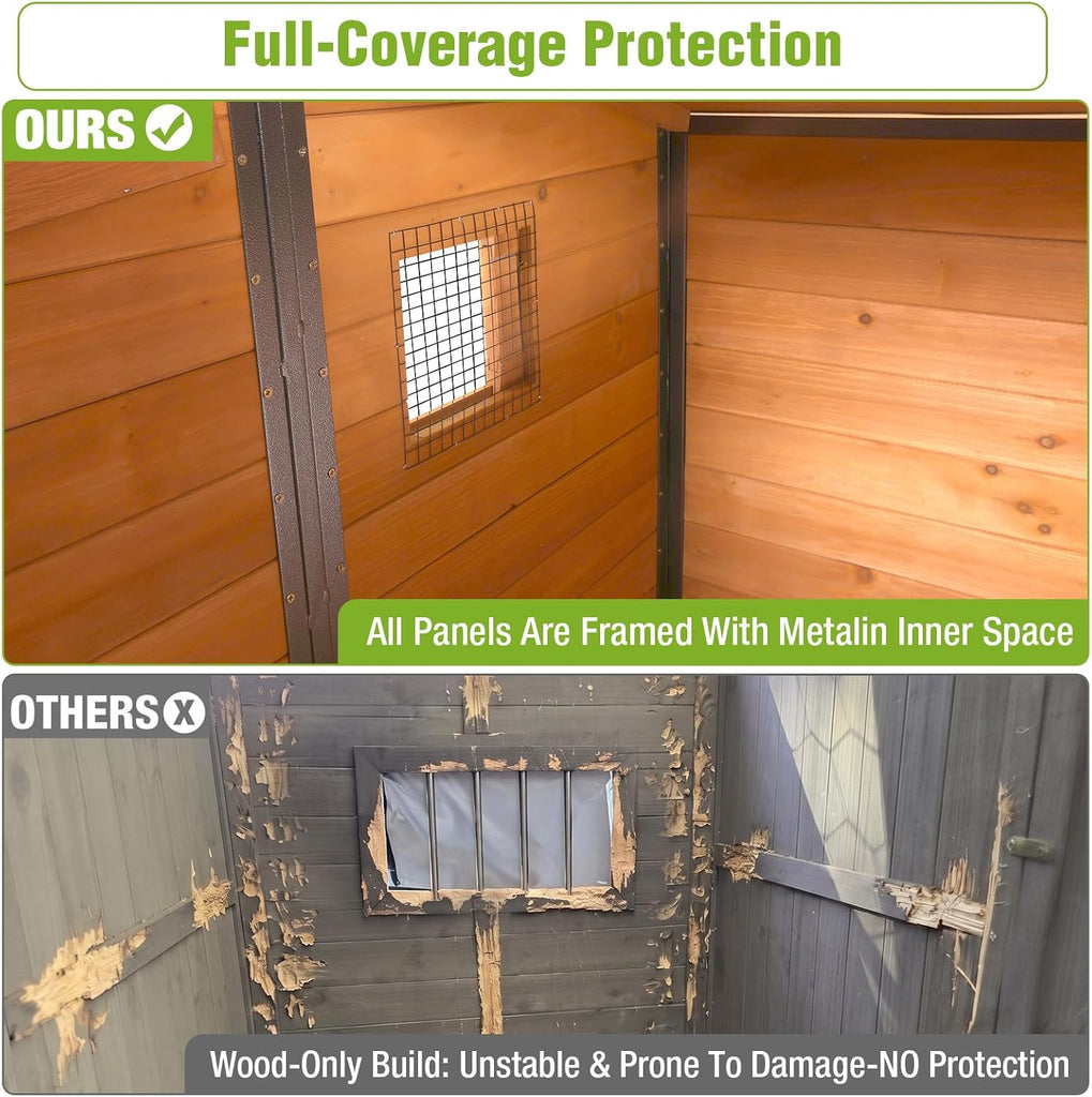 Dog House Outdoor Dog Kennel with Chew-Proof Metal Frame, Rotating Food Bowl, PVC Door Curtain, Weatherproof