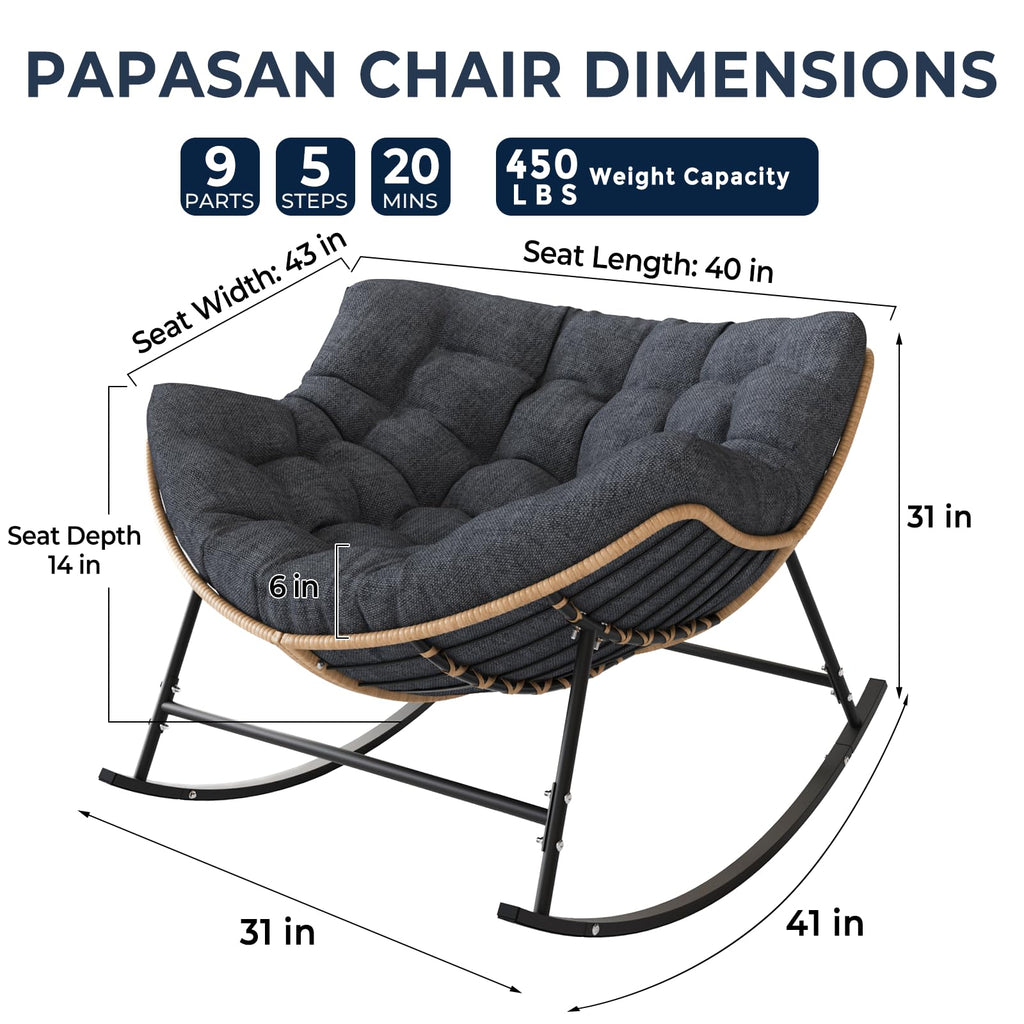 Outdoor Papasan Rocking Chair with Thick Cushion, Dark Grey