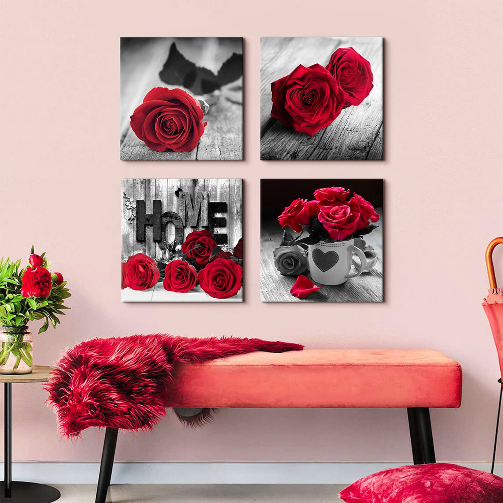 Rustic Rose Floral Canvas Wall Art Red and Black Bathroom Decor Romantic Flower Poster Pictures Girls Bedroom Over