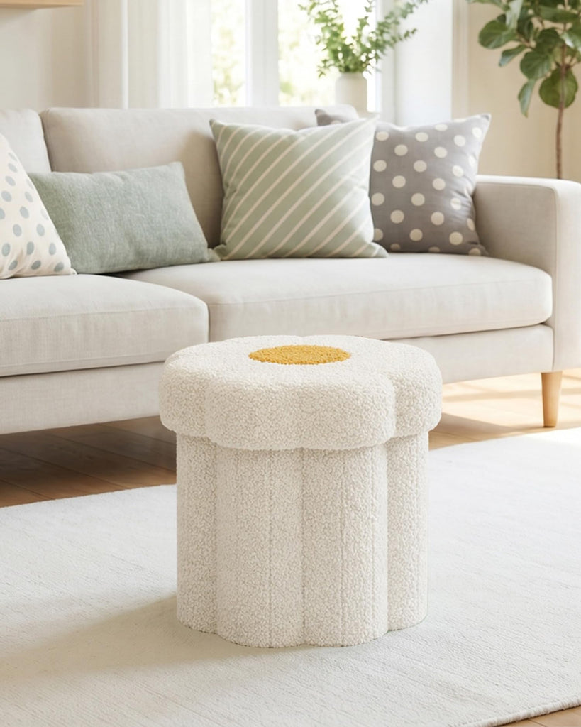 Folding Storage Ottoman, Cream Boucle Daisy Footstool
