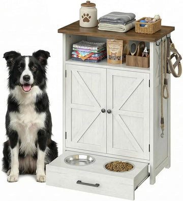 Dog Feeding Station with Storage Cabinet, Raised 2 Elevated Dog Bowls with Hidden Drawer, Pet Feeding Station