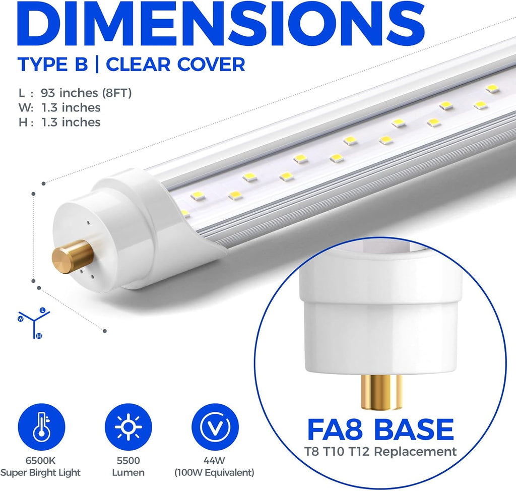 8FT LED Bulbs 44W 6500K Clear & Frost 12 Packs Bundles: T8 T10 T12 LED Tube Lights & 4500LM 6500K