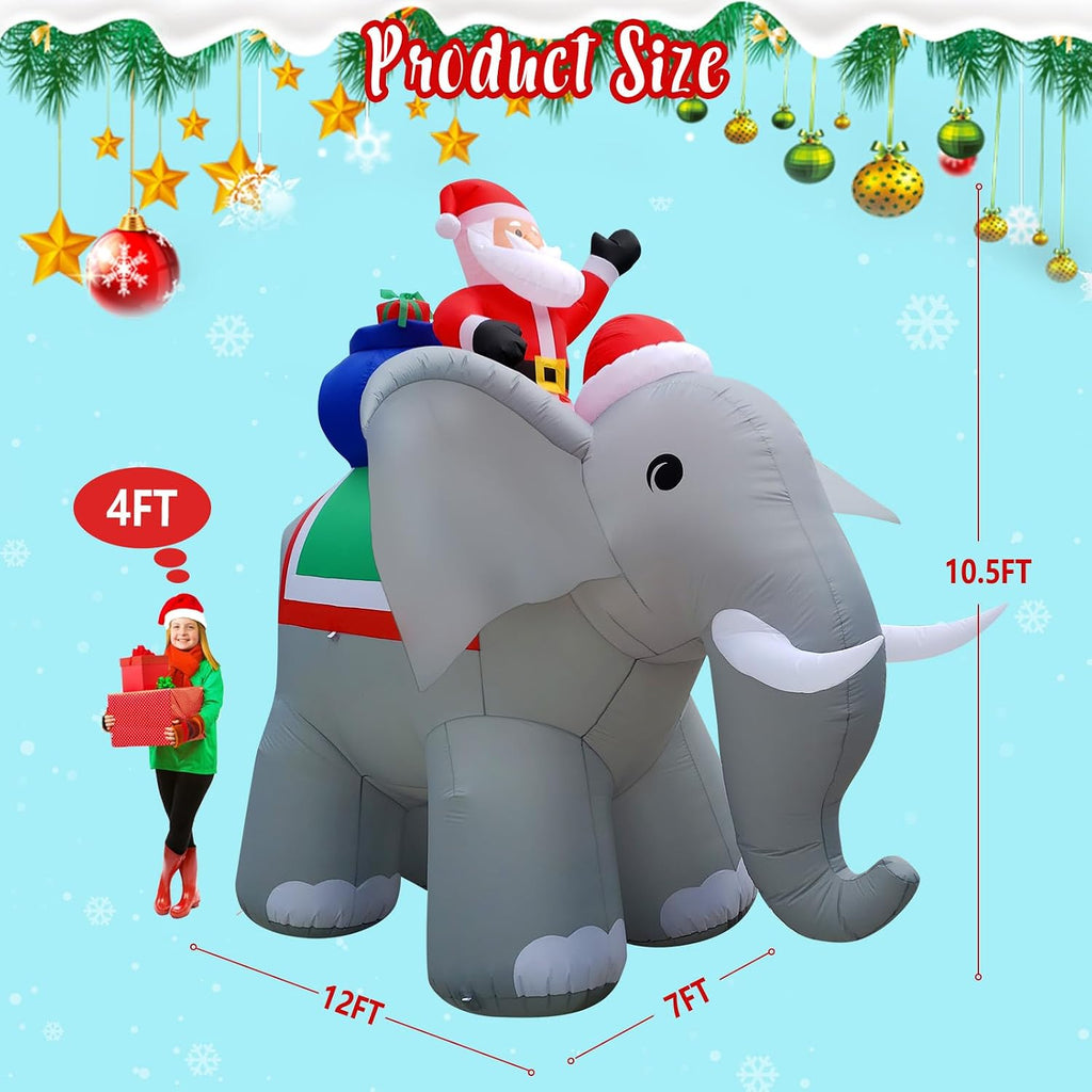 12FT Length X 10.5FT Tall Giant Christmas Inflatables Elephant, Christmas Blow Up Santa on Elephant Inflatable