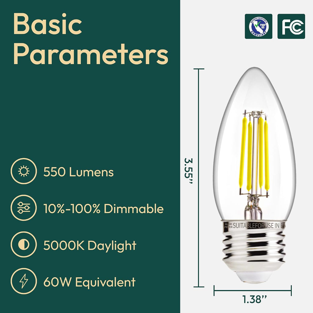 6 Pack Chandelier Light Bulbs 60W Equivalent, E26 Edison Bulb, 550LM Dimmable LED Light Bulb, 5000K Daylight White