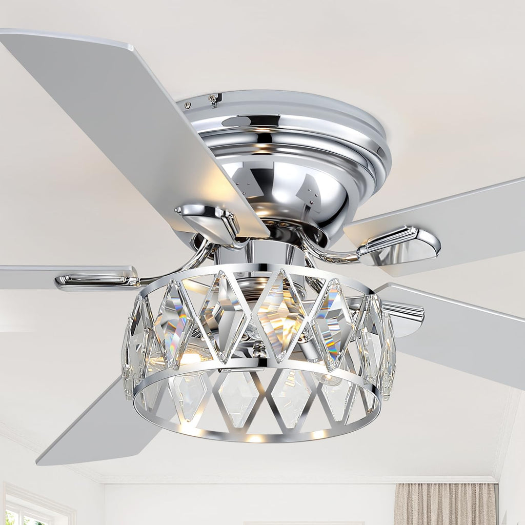 52 Inch Flush Mount Ceiling Fans with Lights and Remote, 5-Blade, 6-Speed Reversible DC Motor, Modern Low Profile